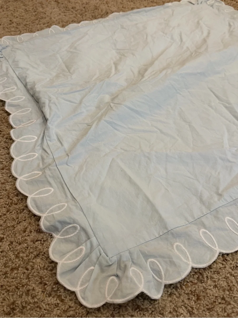 New Anthropologie cotton looped embroidered scalloped euro sham sky blue light